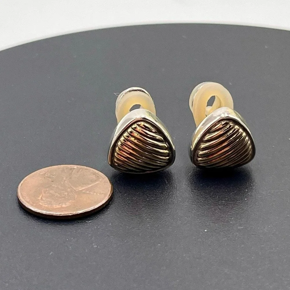 Alisa Italian Designer Sterling .925 & 18K Gold Ribbed Triangle Clip-On Earrings